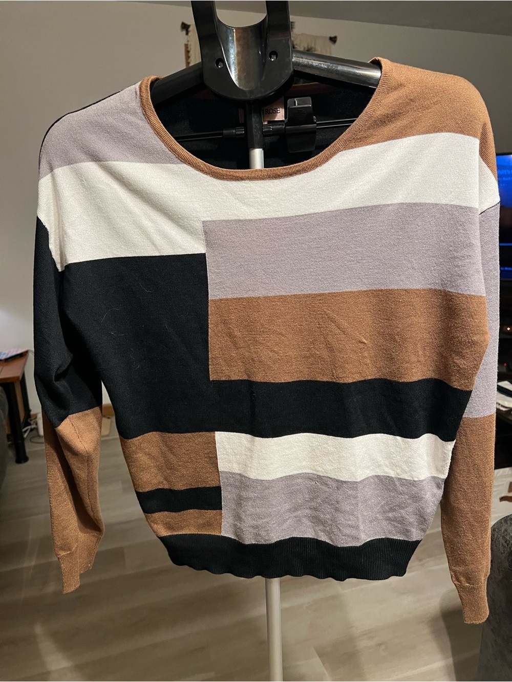 Carol Rose Colorblock Striped Long-Sleeve Knit Top in Brown, Black & Cream